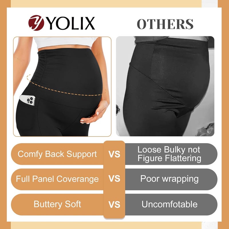 YOLIX Maternity Leggings Over The Belly with Pockets, Womens Black Workout Pregnancy Yoga Pants - Image 2